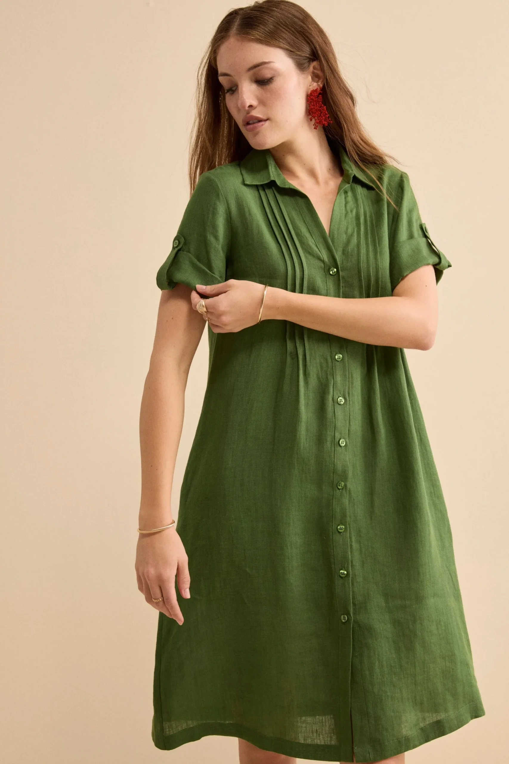 Abito Chemisier in Lino con Manica Corta - VERDE