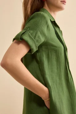 Abito Chemisier in Lino con Manica Corta - VERDE