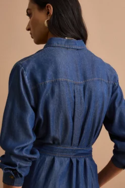Abito Chemisier Lungo con Cintura in Denim - DENIM