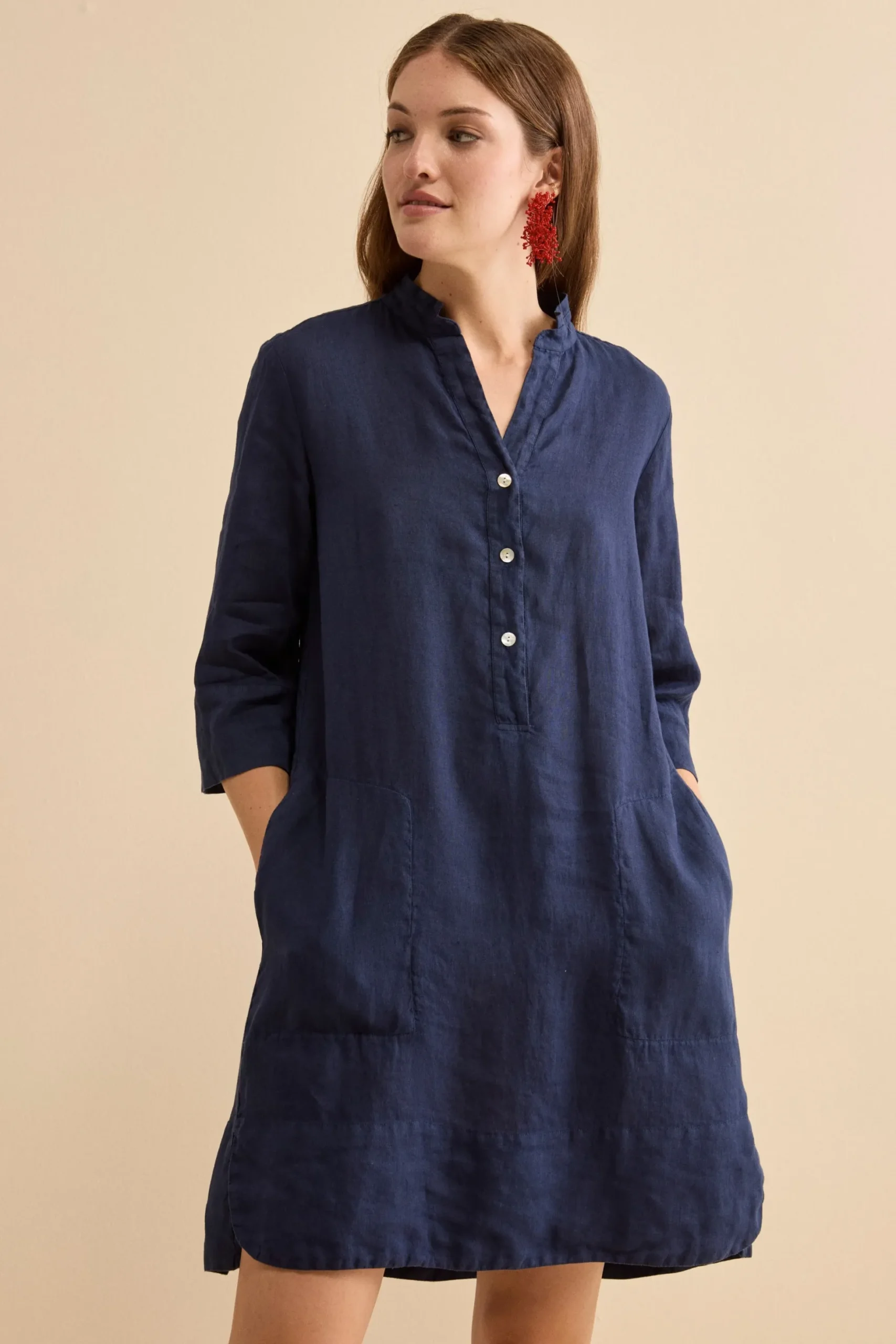 Abito Chemisier Midi in Lino con Collo Coreana - NAVY