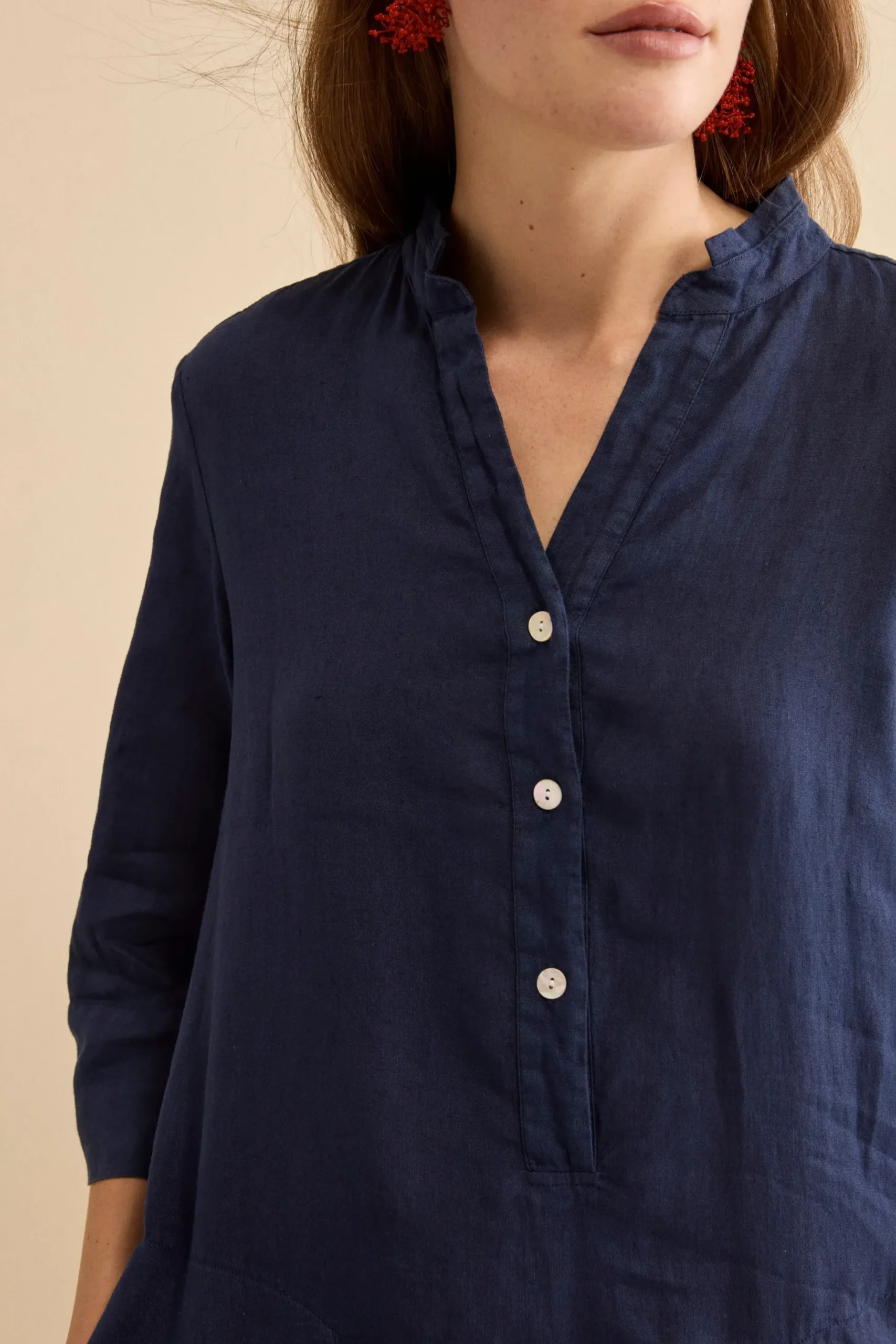Abito Chemisier Midi in Lino con Collo Coreana - NAVY