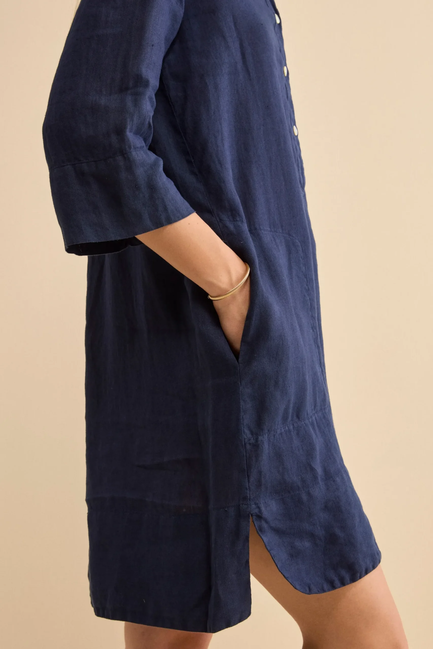 Abito Chemisier Midi in Lino con Collo Coreana - NAVY