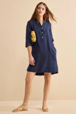 Abito Chemisier Midi in Lino con Collo Coreana - NAVY