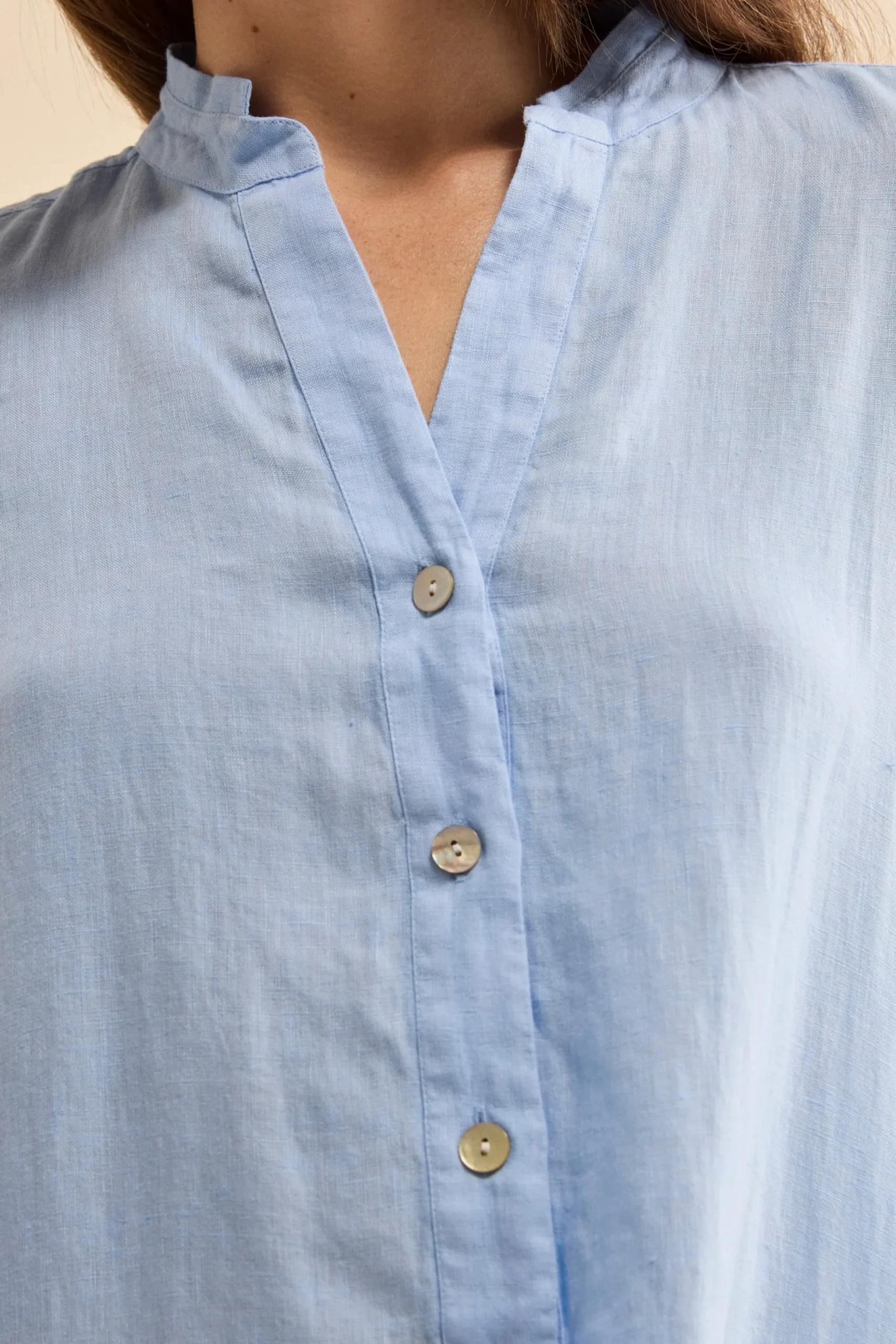 Abito Chemisier Midi in Lino con Collo Coreana - AZZURRO
