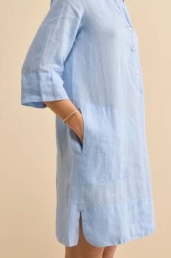 Abito Chemisier Midi in Lino con Collo Coreana - AZZURRO