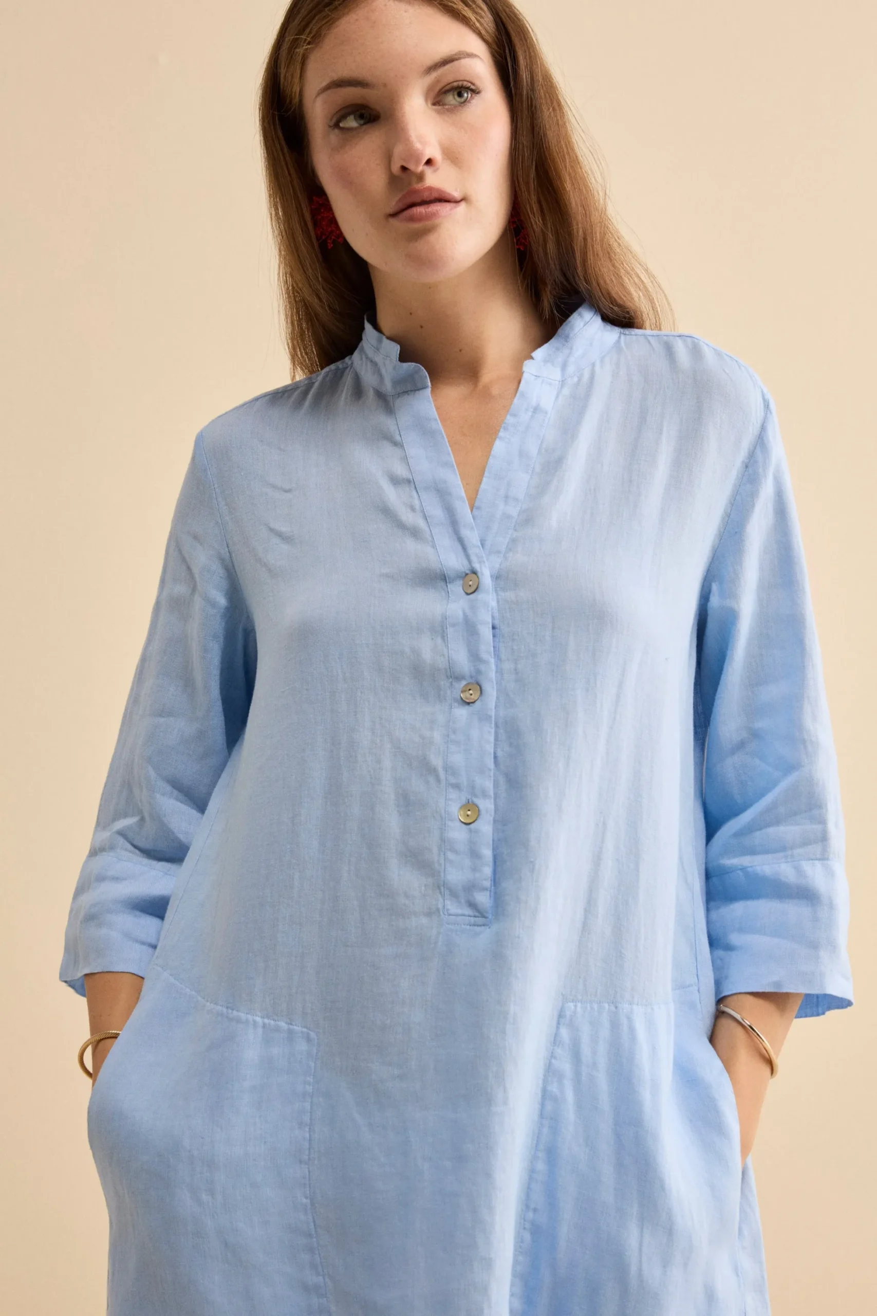 Abito Chemisier Midi in Lino con Collo Coreana - AZZURRO