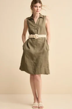 Abito Chemisier Smanicato in Lino - VERDE MILITARE
