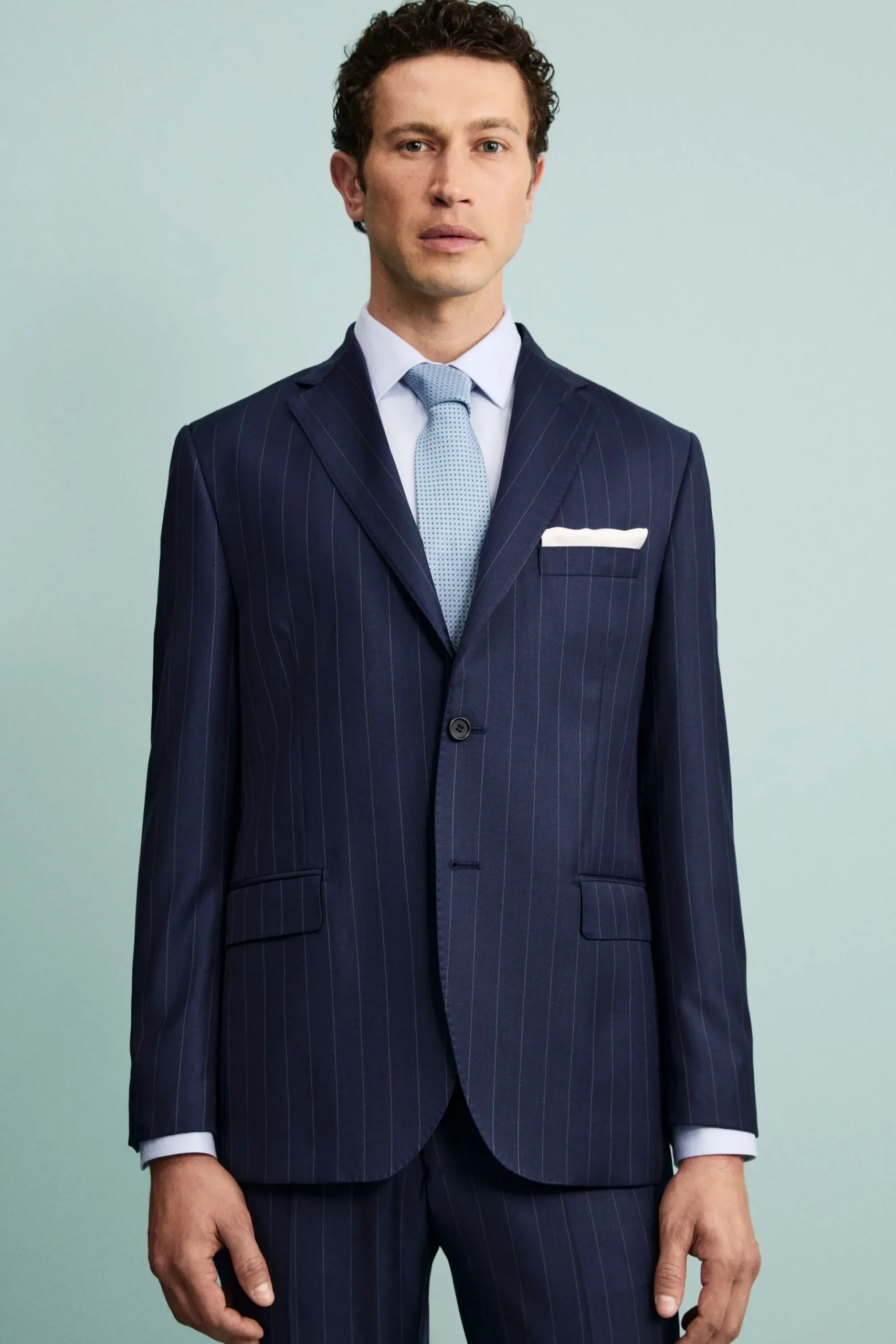 Abito Gessato Monopetto Comfort Fit in Lana Vergine - BLU APERTO GESSATO
