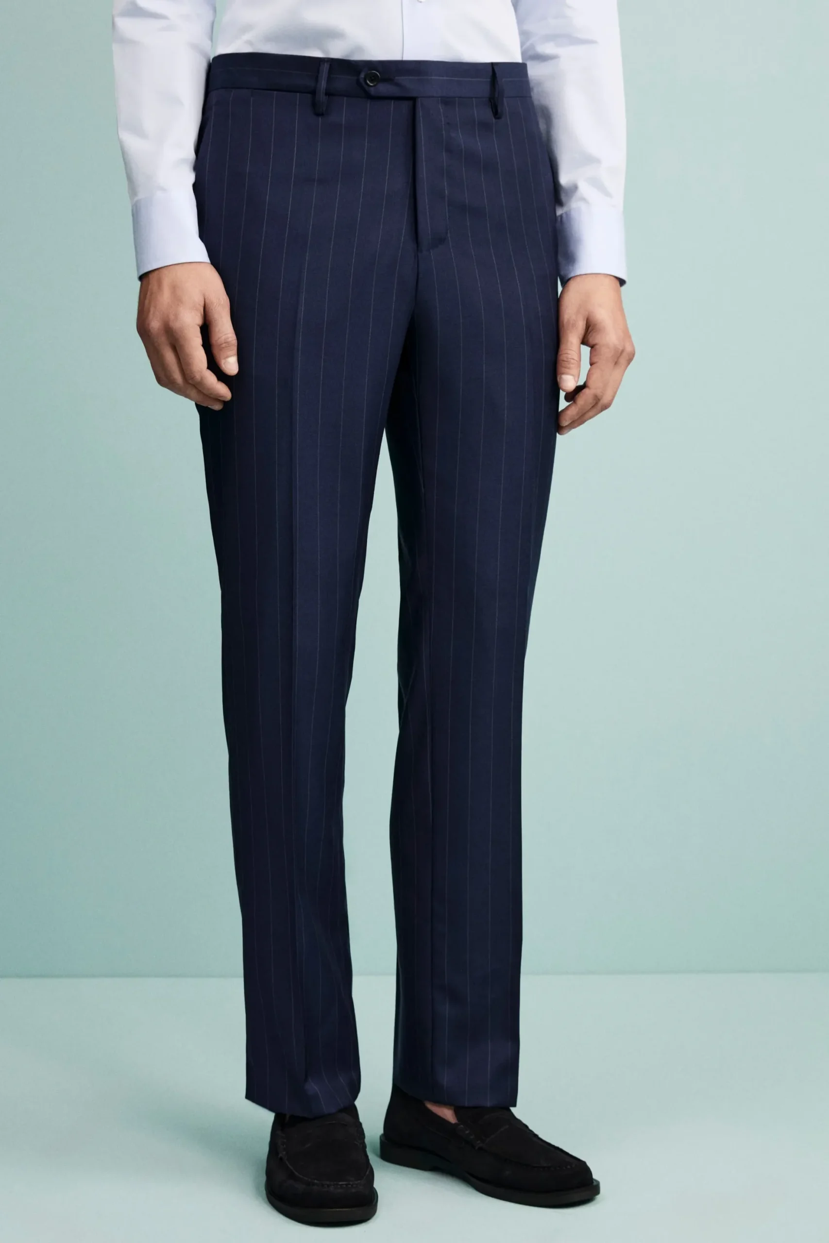 Abito Gessato Monopetto Comfort Fit in Lana Vergine - BLU APERTO GESSATO
