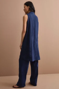 Abito Midi Smanicato Chemisier in Lino - NAVY