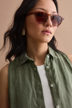 Abito Midi Smanicato Chemisier in Lino - VERDE MILITARE