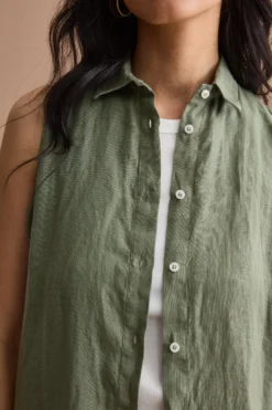 Abito Midi Smanicato Chemisier in Lino - VERDE MILITARE