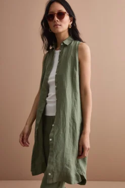Abito Midi Smanicato Chemisier in Lino - VERDE MILITARE