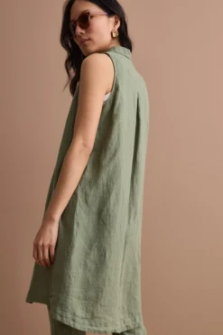 Abito Midi Smanicato Chemisier in Lino - VERDE MILITARE