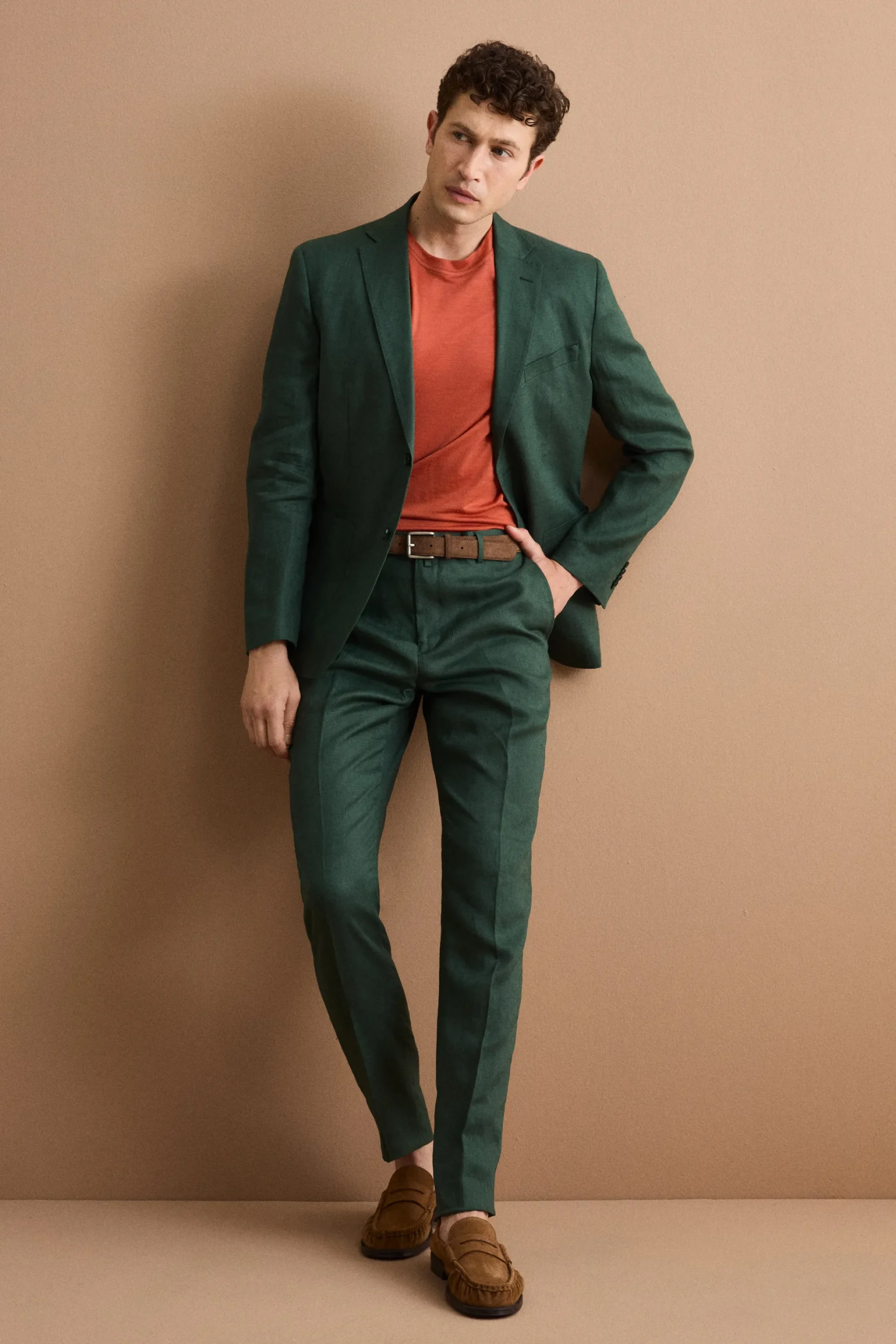 Abito Regular Fit Monopetto in Lino - VERDE