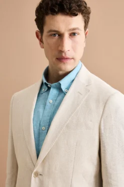 Abito Slim Fit Monopetto Semifoderato in Lino Melange - BEIGE