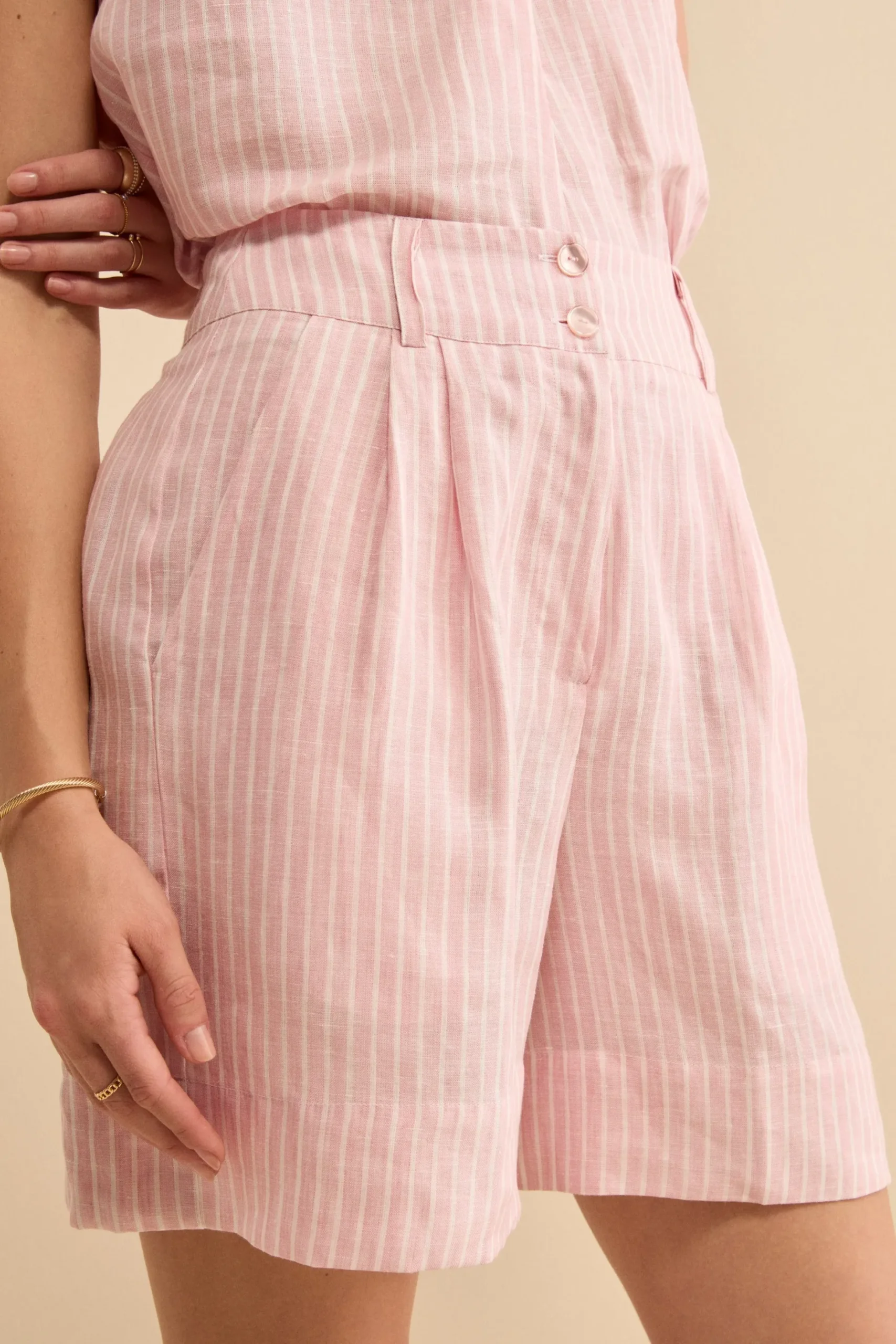 Bermuda in Lino a Righe con Bottoni - ROSA RIGATO