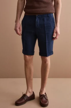 Bermuda Uomo in Lino Regular Fit con Risvolto - BLU