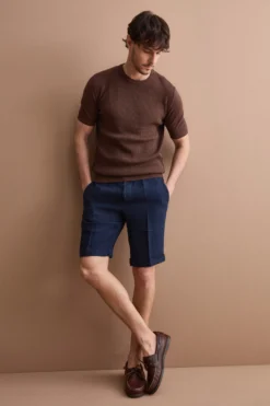 Bermuda Uomo in Lino Regular Fit con Risvolto - BLU
