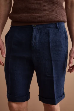 Bermuda Uomo in Lino Regular Fit con Risvolto - BLU