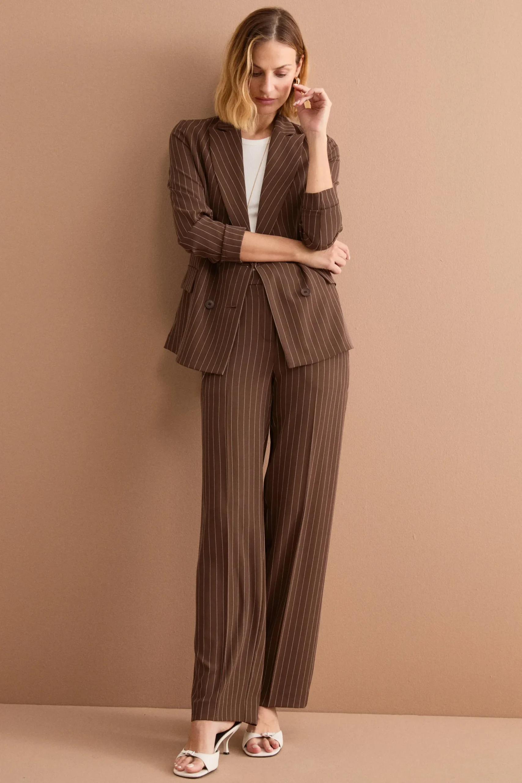 Blazer Cady Doppiopetto Gessato con Revers Punto Lancia - MARRONE GESSATO