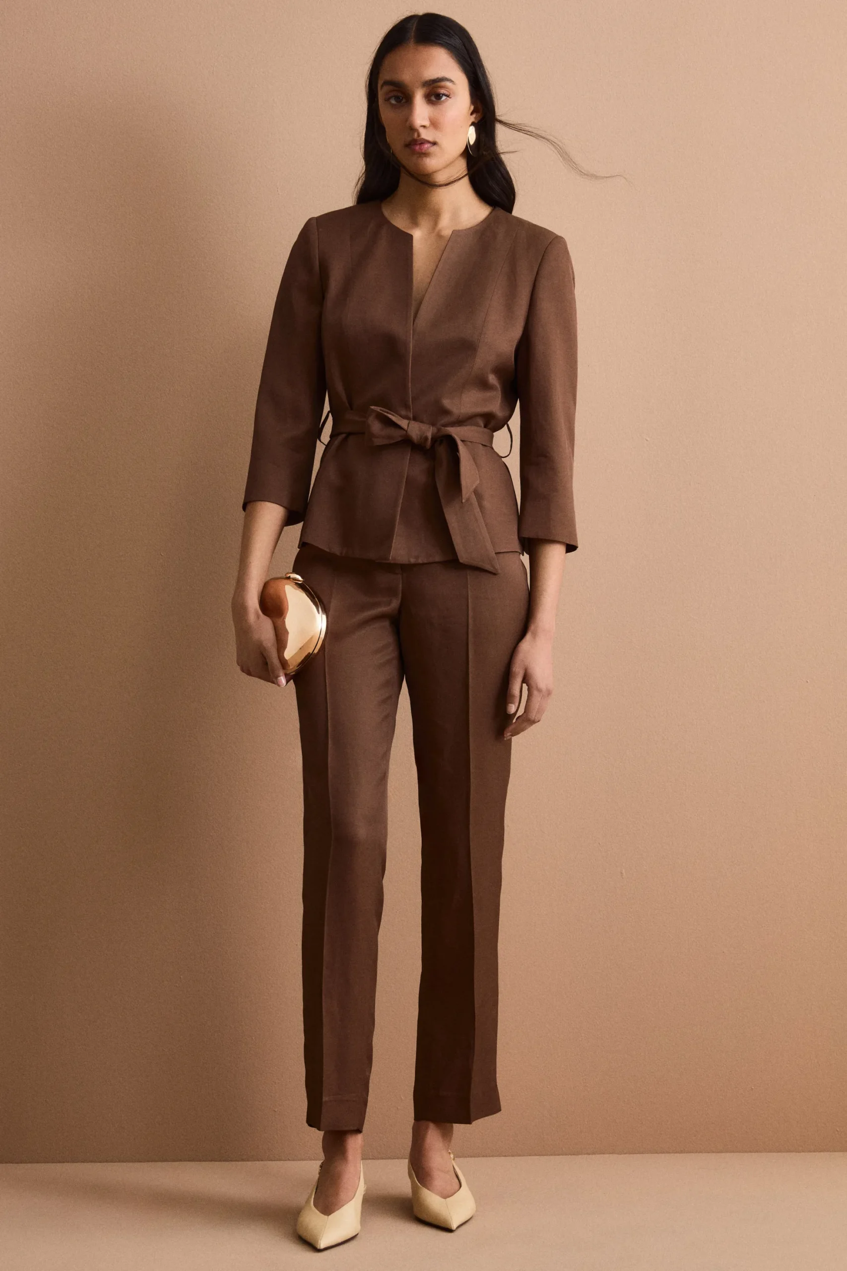 Blazer Foderato da Cerimonia in Raso con Cintura - CIOCCOLATO