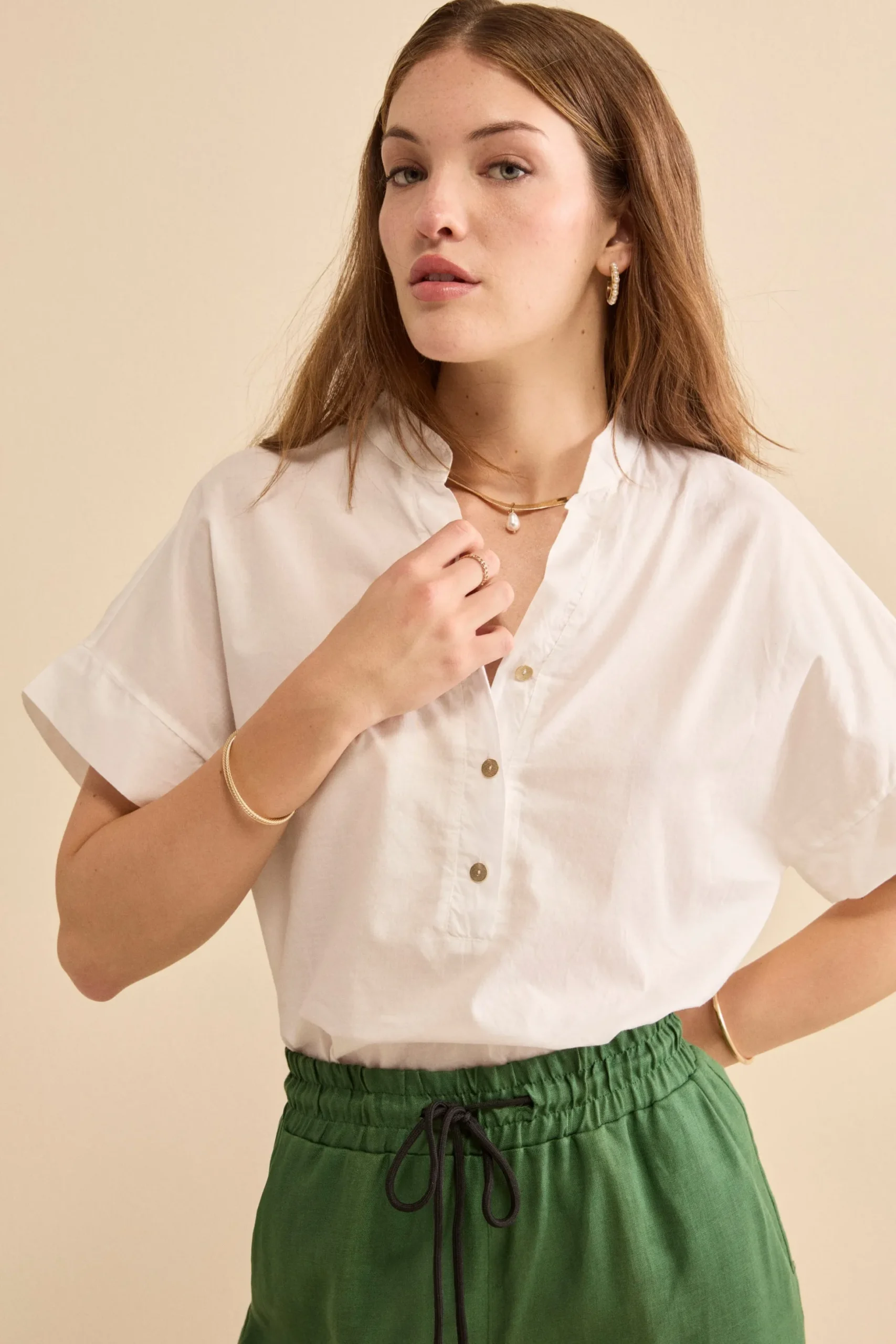 Blusa Boxy in Cotone con Bottoni - PANNA