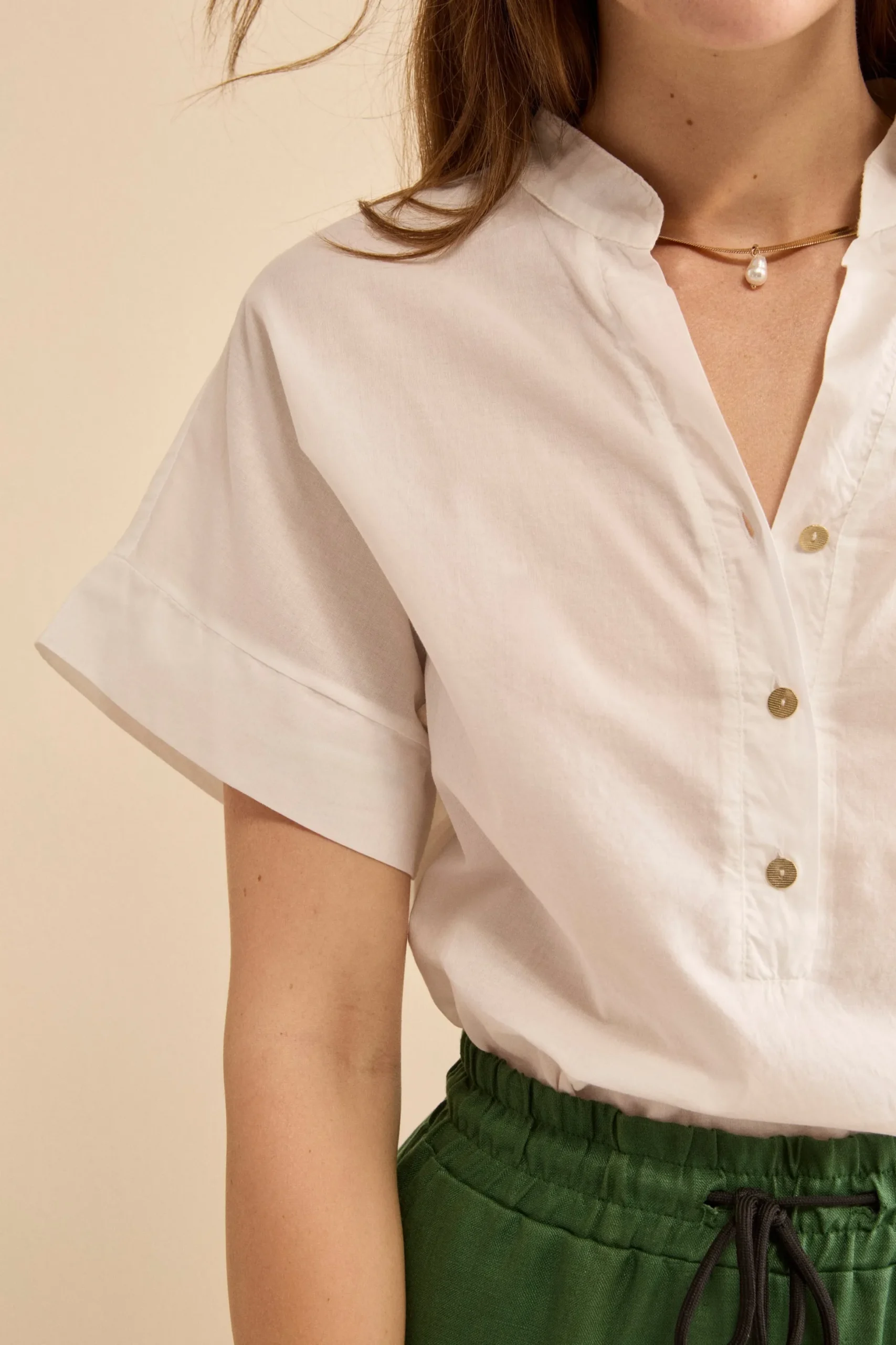 Blusa Boxy in Cotone con Bottoni - PANNA