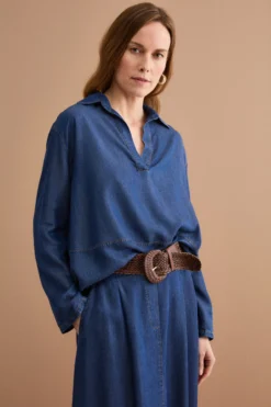 Blusa Denim Over con Colletto a Camicia - DENIM