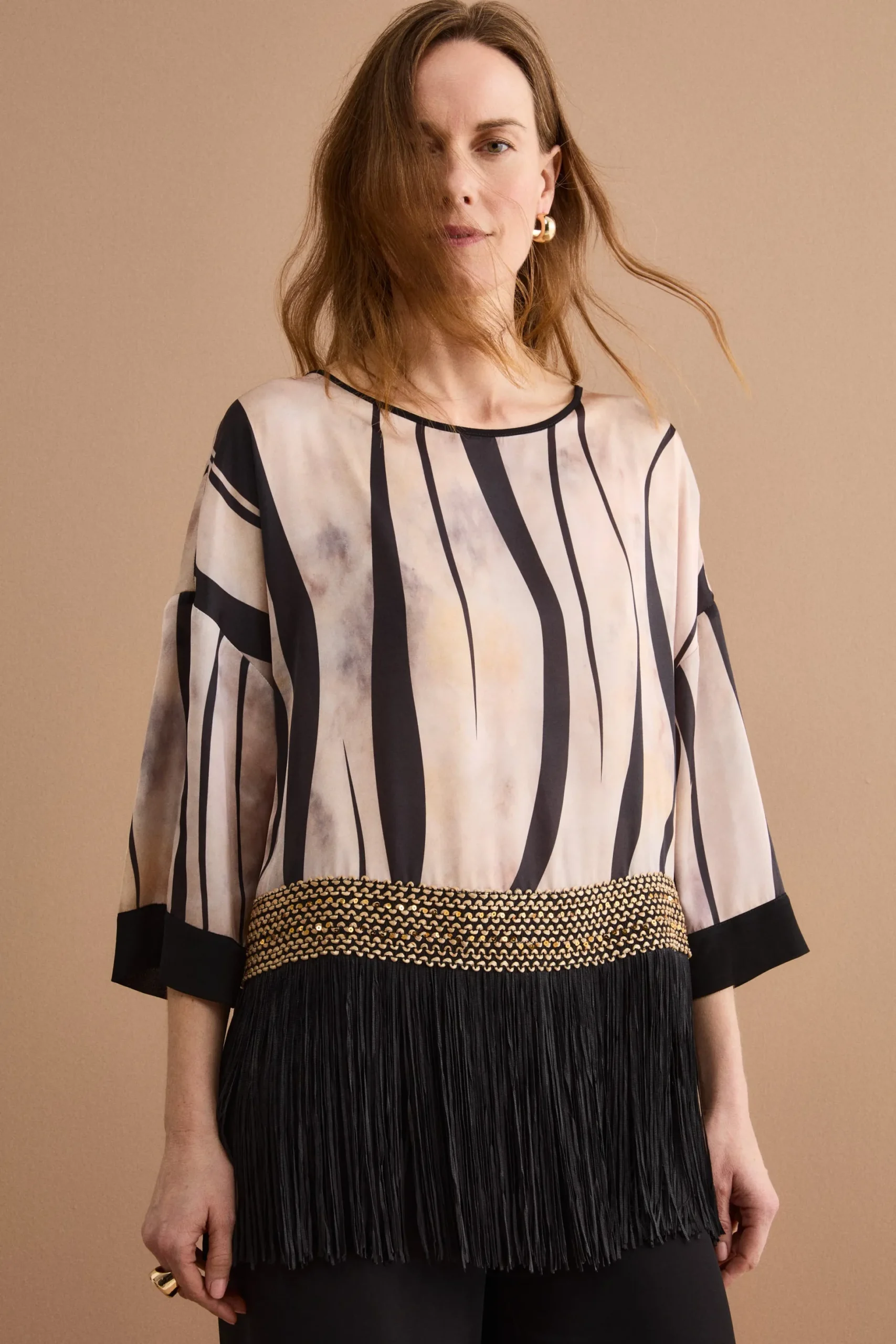Blusa in Fantasia Jacquard con Passamaneria e Frange - FANT. ORO