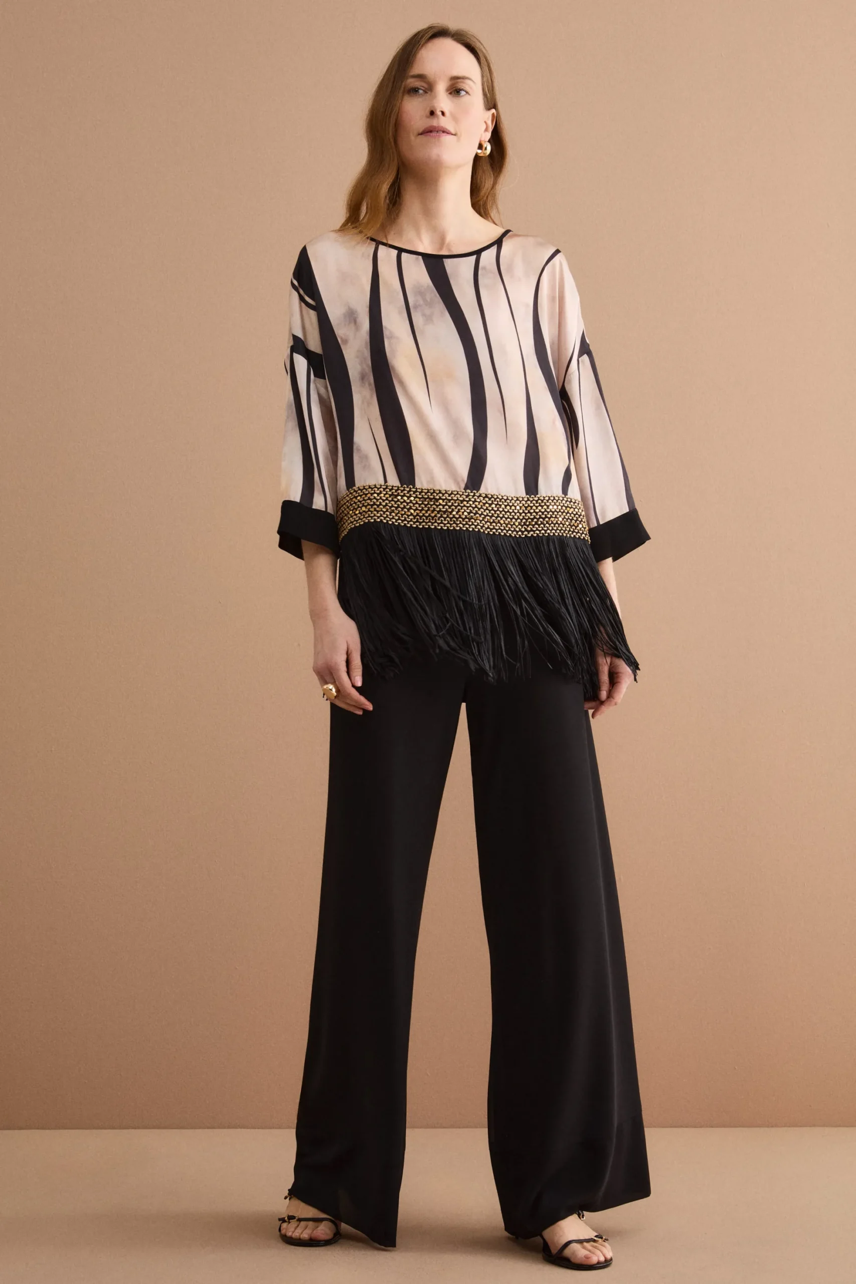 Blusa in Fantasia Jacquard con Passamaneria e Frange - FANT. ORO