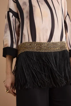 Blusa in Fantasia Jacquard con Passamaneria e Frange - FANT. ORO
