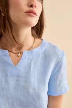 Blusa Morbida Girocollo in Lino - AZZURRO