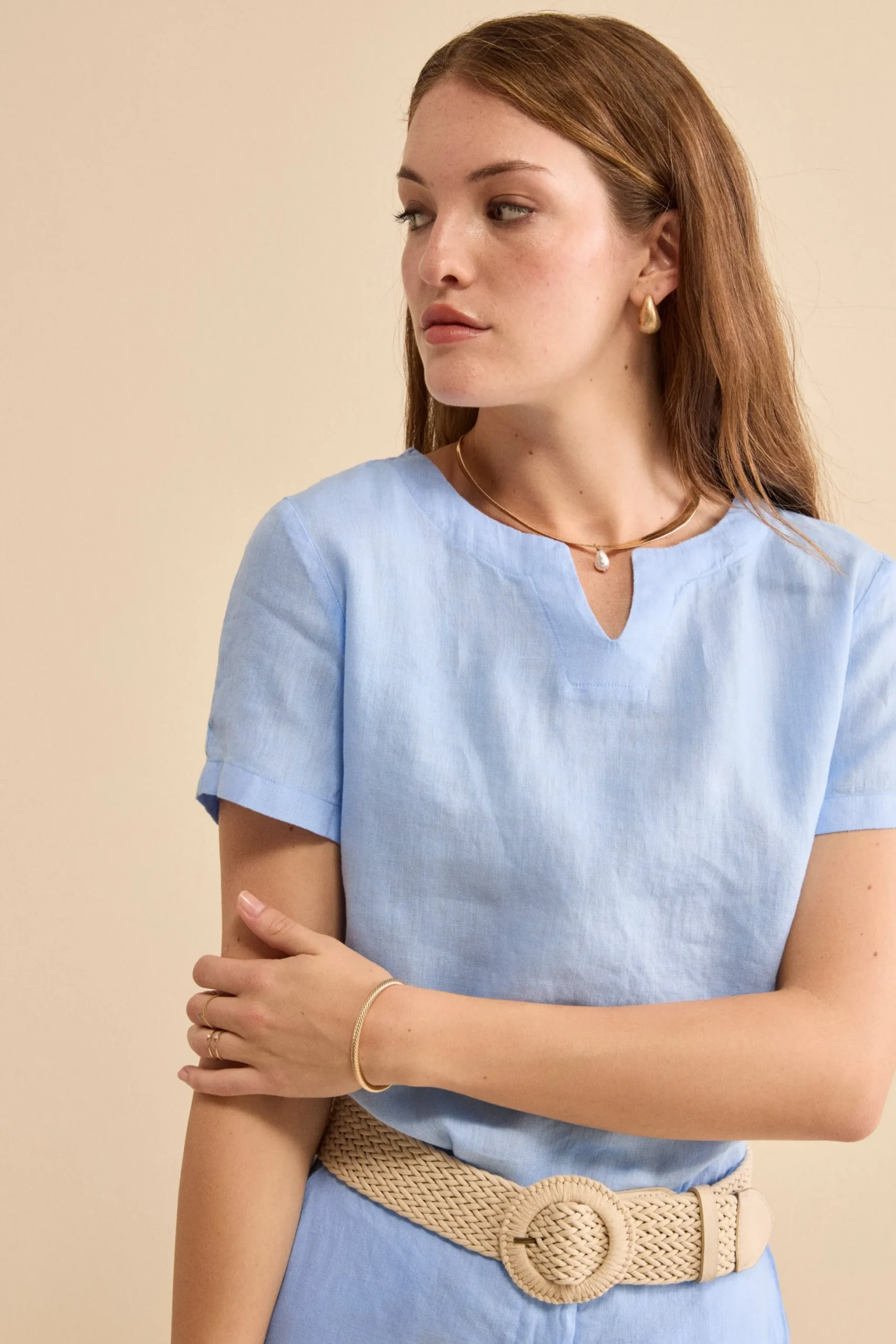 Blusa Morbida Girocollo in Lino - AZZURRO