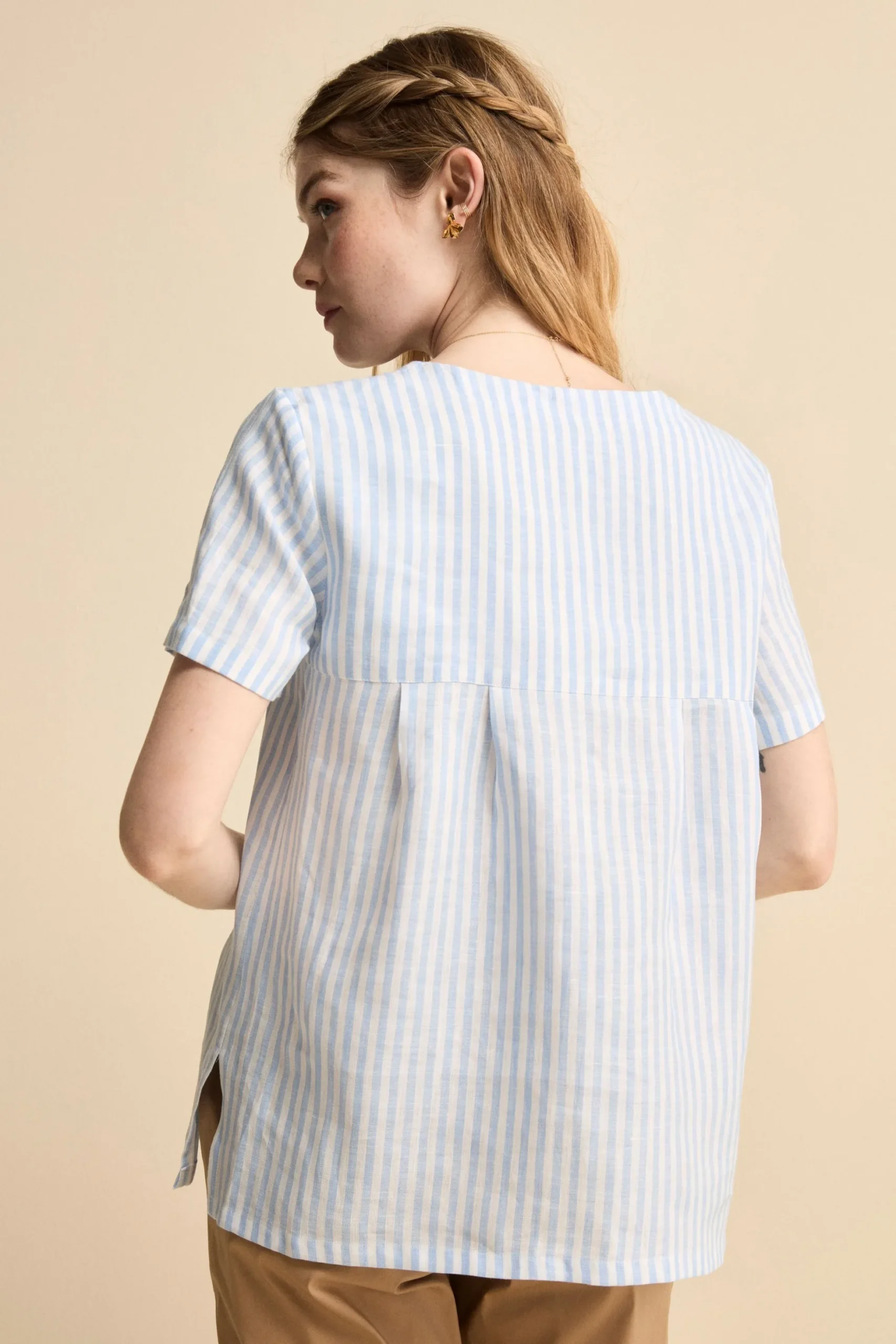 Blusa Over Girocollo in Lino - AZZURRO RIGATO