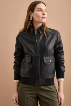 Bomber in Pelle con Tasche - NERO