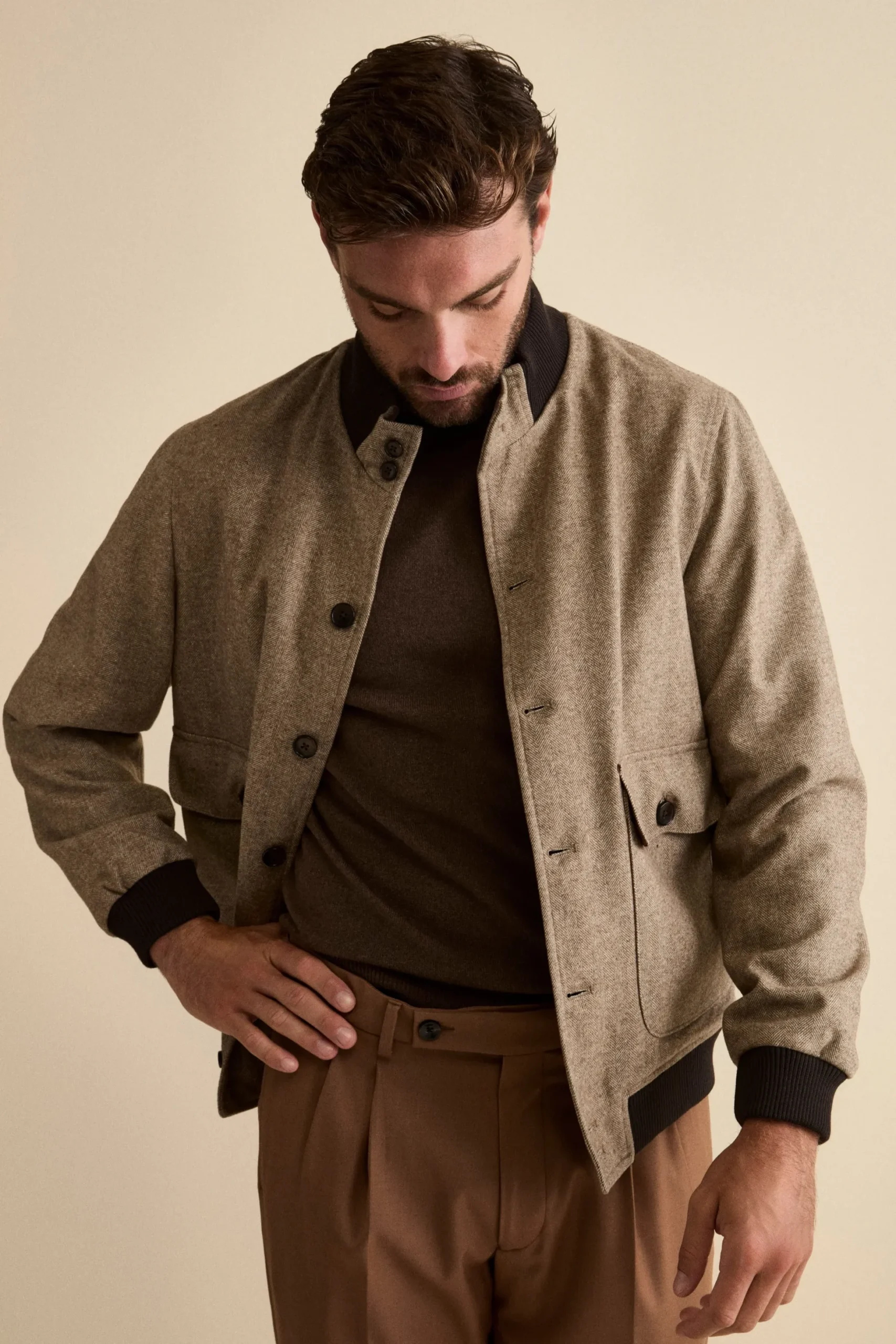 Bomber Spigato con Tasche in Misto Lana - MARRONE SPIGATO