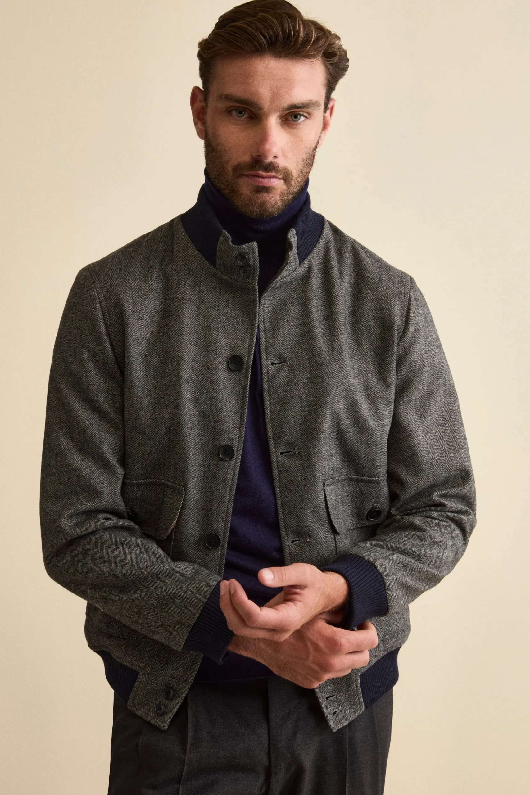 Bomber Spigato con Tasche in Misto Lana - GRIGIO SPIGATO