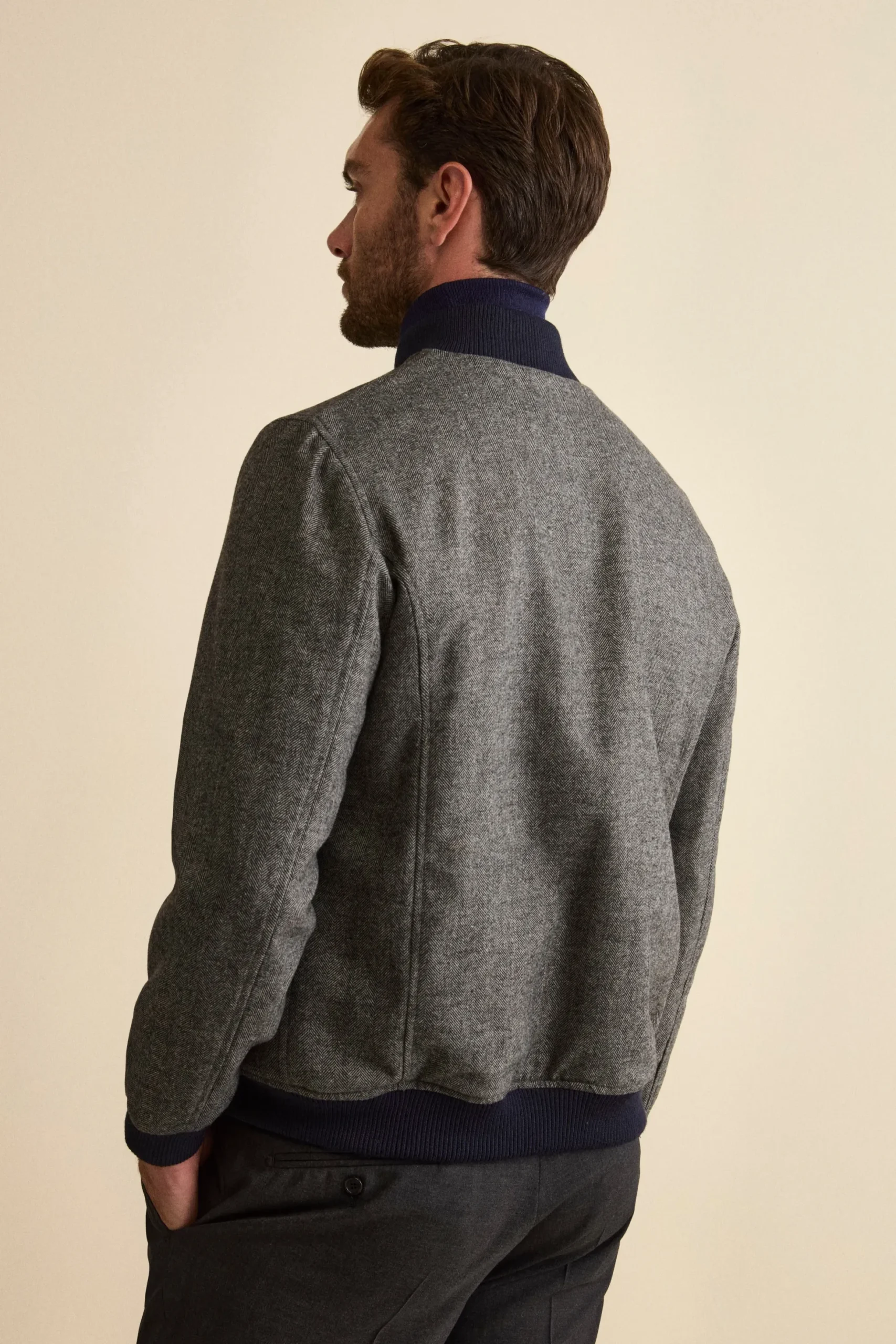 Bomber Spigato con Tasche in Misto Lana - GRIGIO SPIGATO