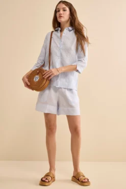 Camicia Boxy a Righe in Lino - AZZURRO RIGATO