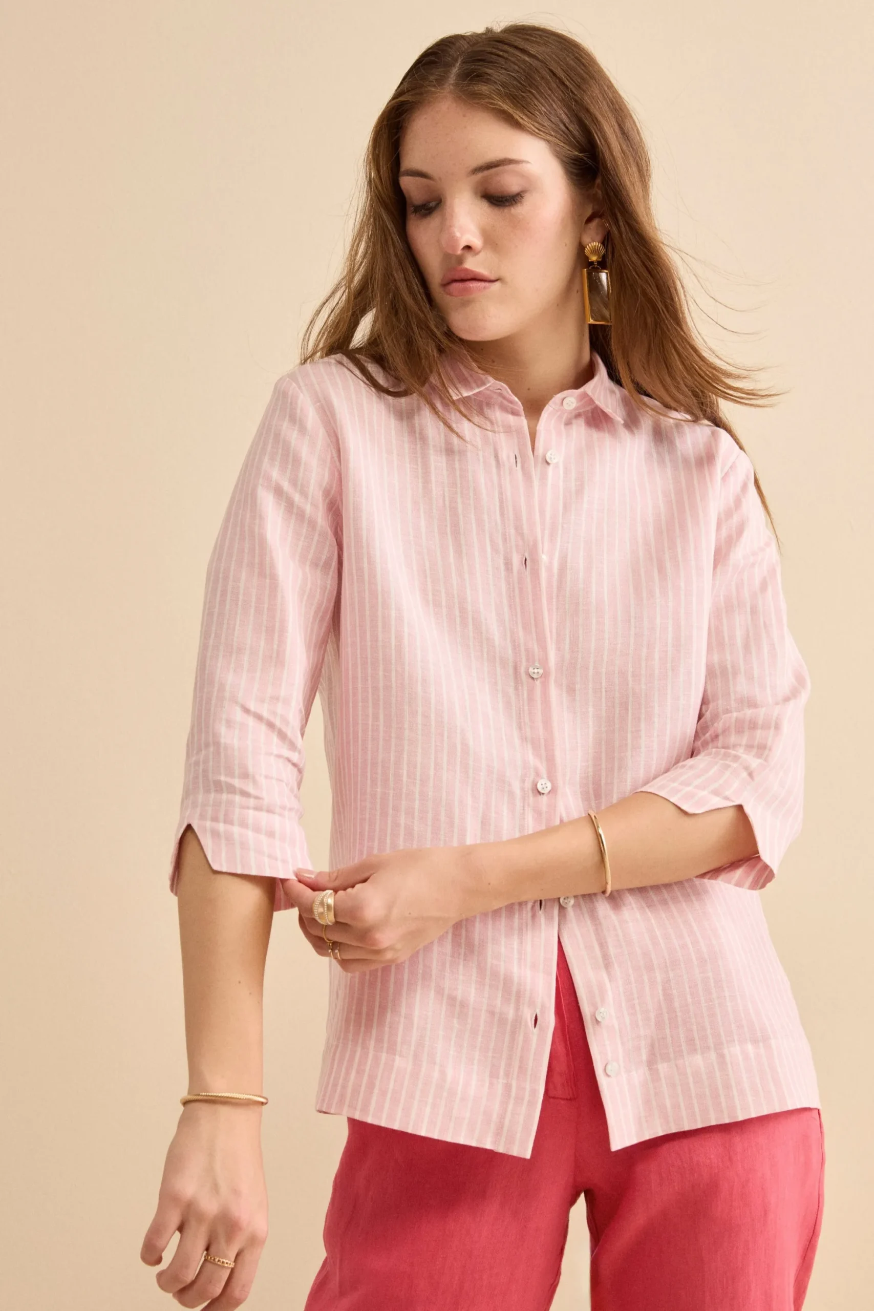 Camicia Boxy Fantasia in Lino - ROSA RIGATO