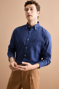 Camicia Button Down in Misto Lino Custom Fit - BLU