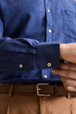 Camicia Button Down in Misto Lino Custom Fit - BLU