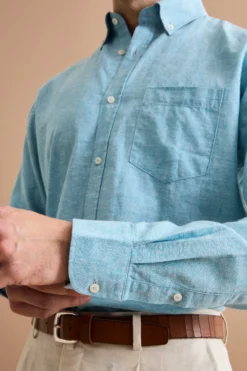 Camicia Button Down in Misto Lino Custom Fit - TURCHESE
