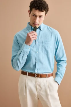 Camicia Button Down in Misto Lino Custom Fit - TURCHESE