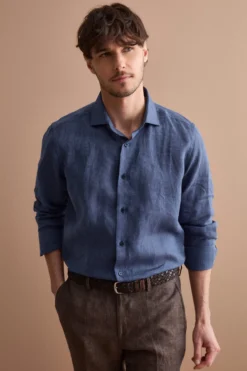 Camicia Casual Slim Fit in Lino - BLU