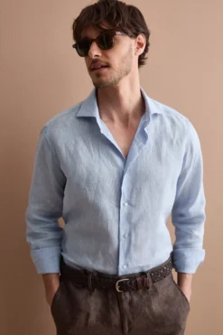 Camicia Casual Slim Fit in Lino - AZZURRO