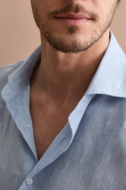 Camicia Casual Slim Fit in Lino - AZZURRO