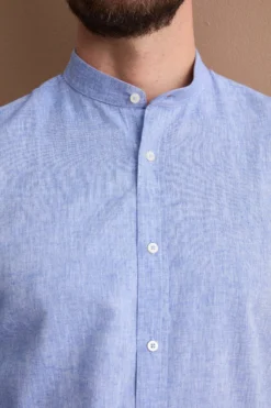 Camicia Coreana Custom Fit in Misto Lino - AZZURRO
