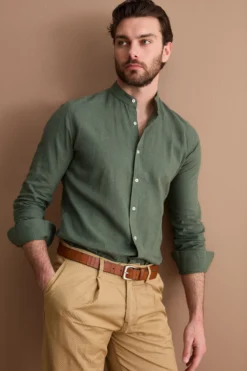 Camicia Coreana Custom Fit in Misto Lino - MILITARY